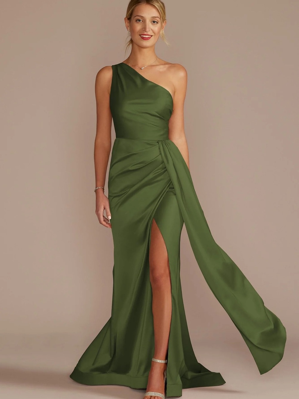 One-Shoulder Olive Green Evening Gown